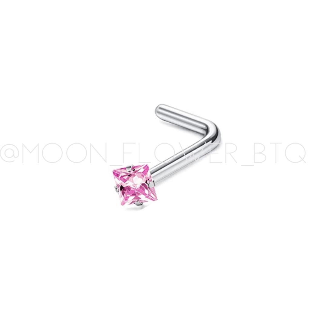 Tiny Square Pink Cz L Shaped Nose Ring